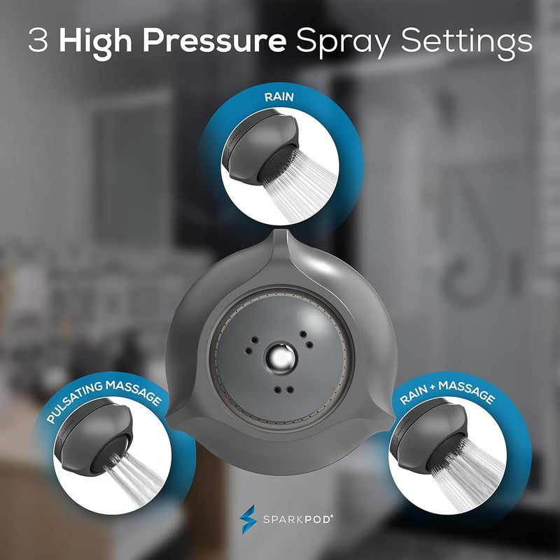 SparkPod 3-Inch Extreme High Pressure Shower Heads - Pressure Boosting with Rain, Massage & Pulsating Mode, Powerful Water-Saving Showerhead - 2.5 GPM Fixed Shower Head (Charcoal Grey) - Image 5